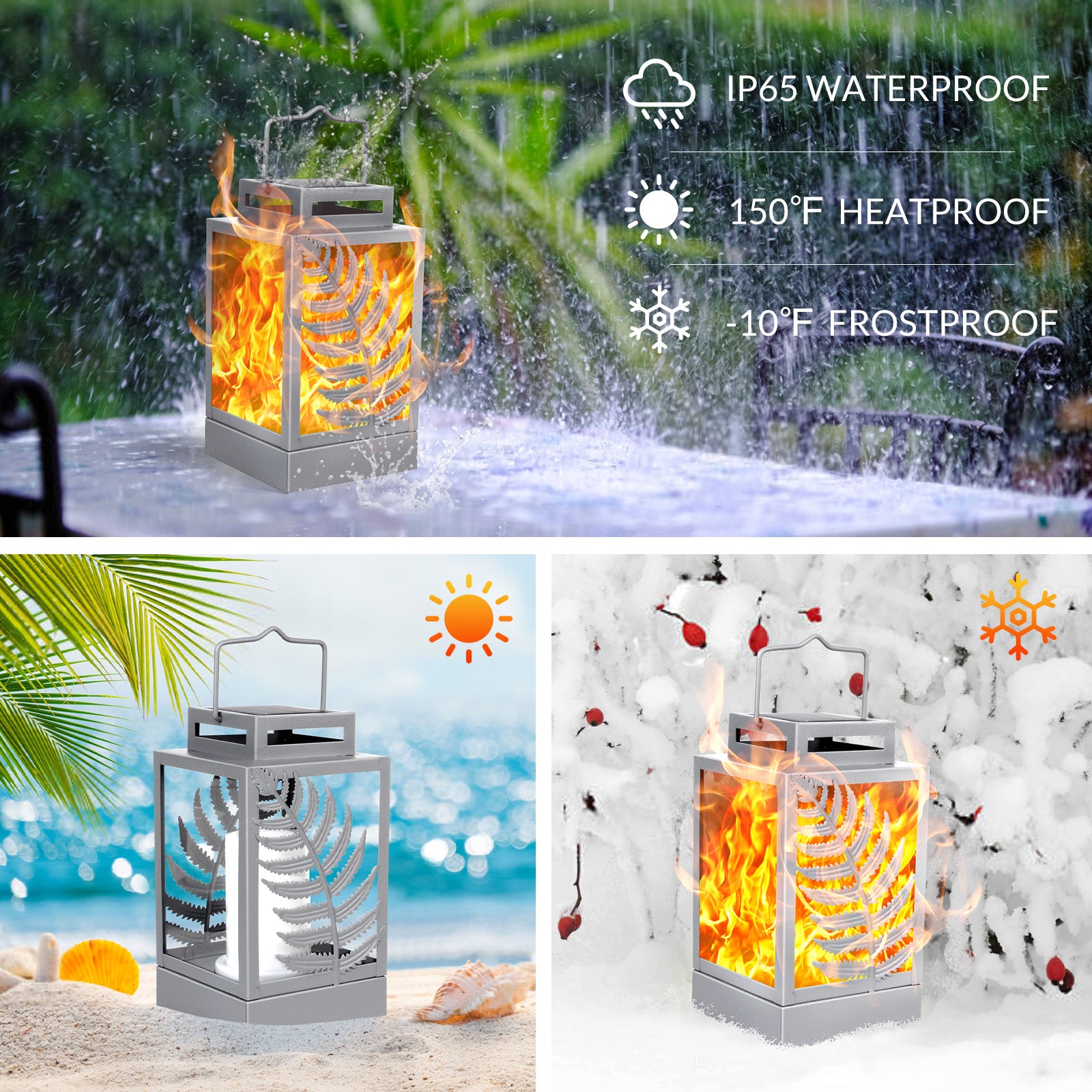 Walensee Solar Lights Outdoor with Flickering Flame (2Pack Grey) Upgrade Metal Solar Powered Lantern