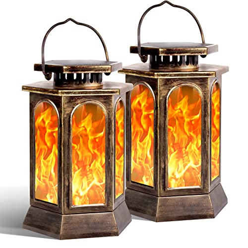 Walensee Solar Lights Outdoor With Flickering Flame (2 Pack Bronze) Upgraded Metal Solar Powered Lanterns