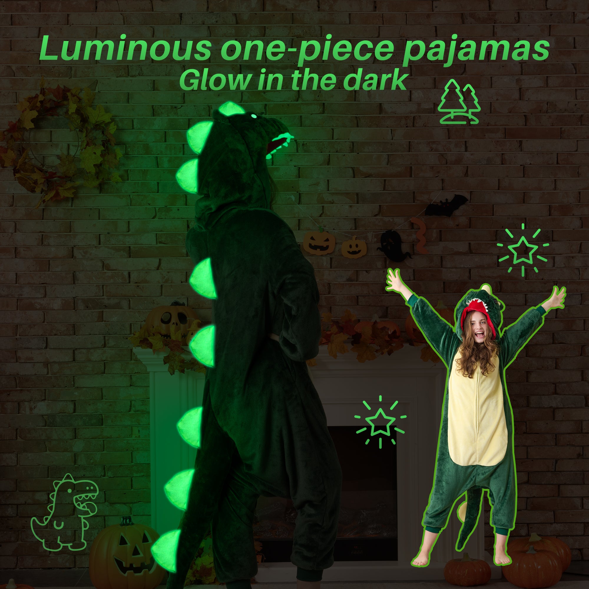 🎃Adult Animal Onesie Pajamas, Glow in The Dark Halloween Cosplay Costumes, One Piece Sleepwear for Women and Men