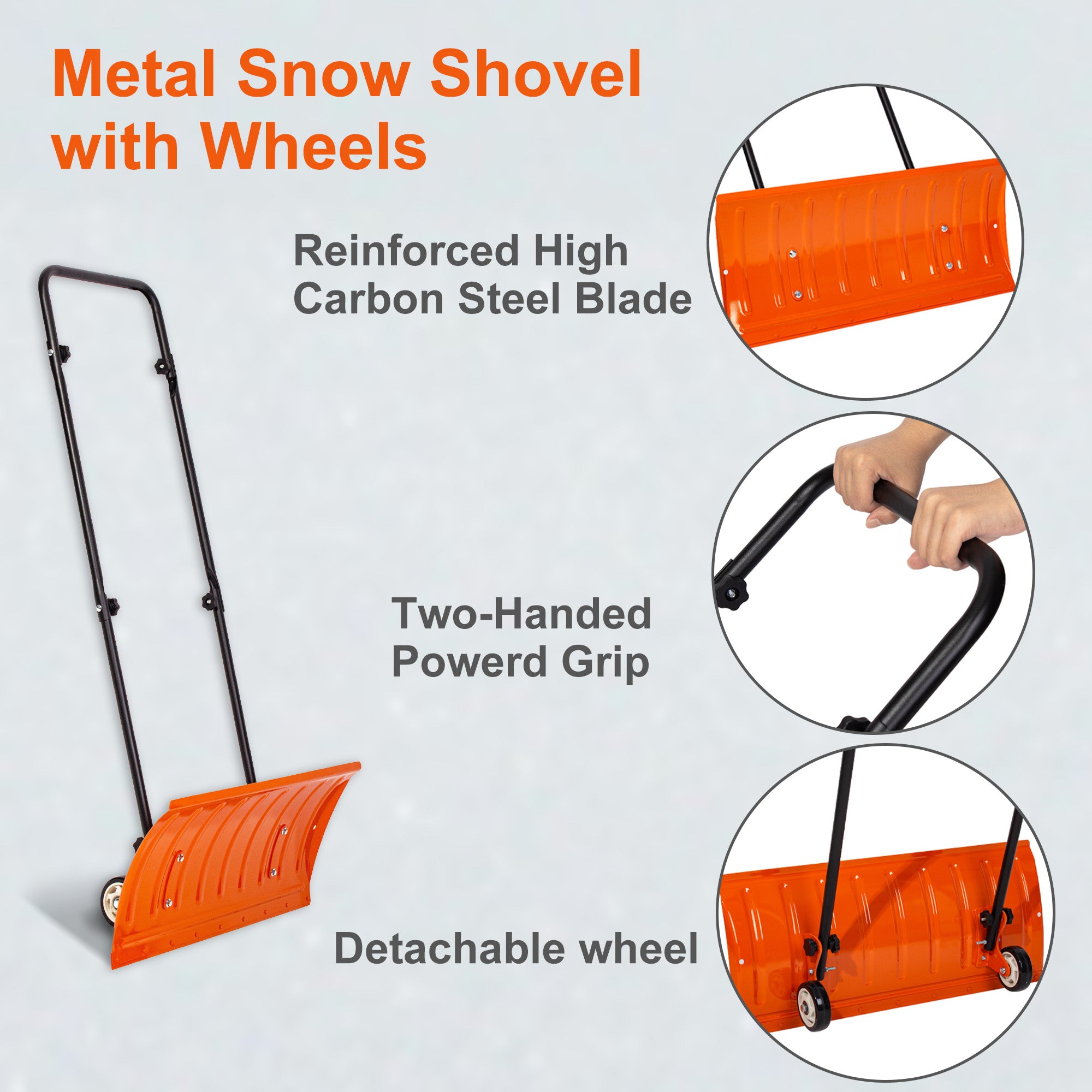 Walensee 30 Inch Metal Snow Shovel with Wheels for Driveway, Large Blade for Efficient Snow Removal, U-Shaped Handle,Heavy Duty Wheeled Metal Snow Pusher Shovels