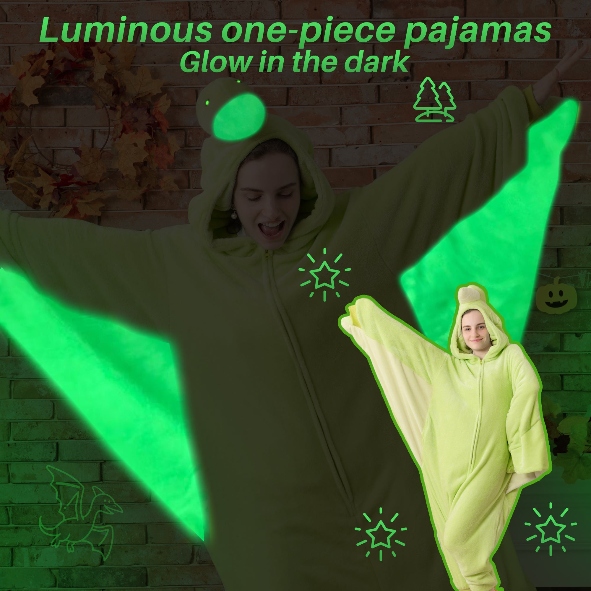 🎃Adult Animal Onesie Pajamas, Glow in The Dark Halloween Cosplay Costumes, One Piece Sleepwear for Women and Men
