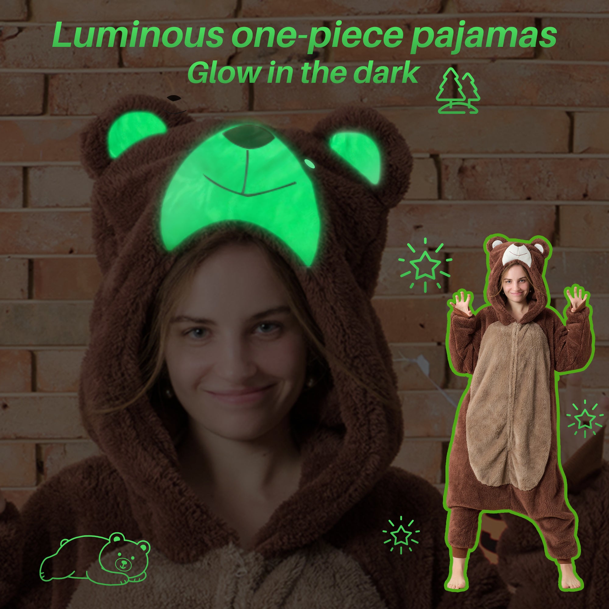 🎃Adult Animal Onesie Pajamas, Glow in The Dark Halloween Cosplay Costumes, One Piece Sleepwear for Women and Men