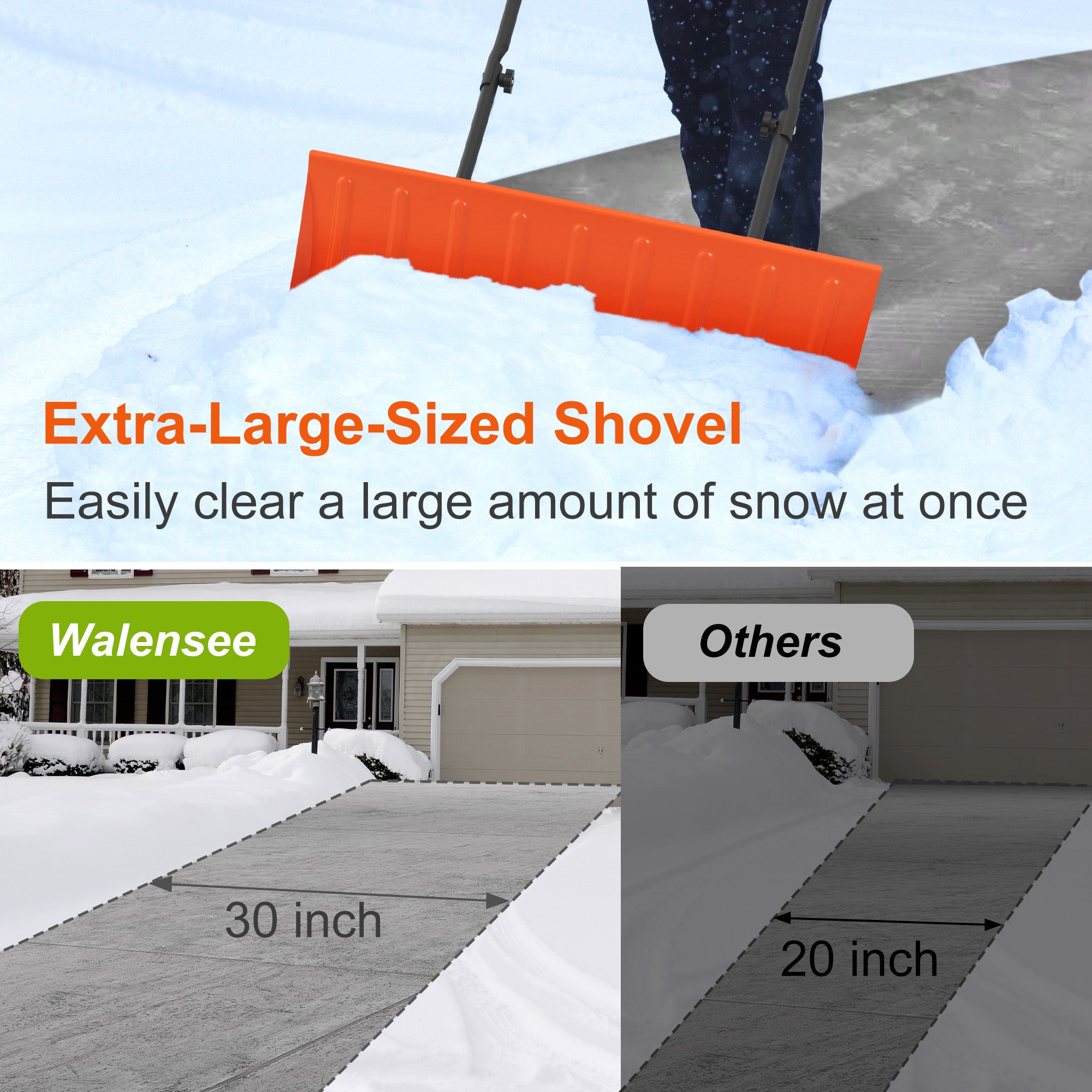 Walensee 30 Inch Metal Snow Shovel with Wheels for Driveway, Large Blade for Efficient Snow Removal, U-Shaped Handle,Heavy Duty Wheeled Metal Snow Pusher Shovels