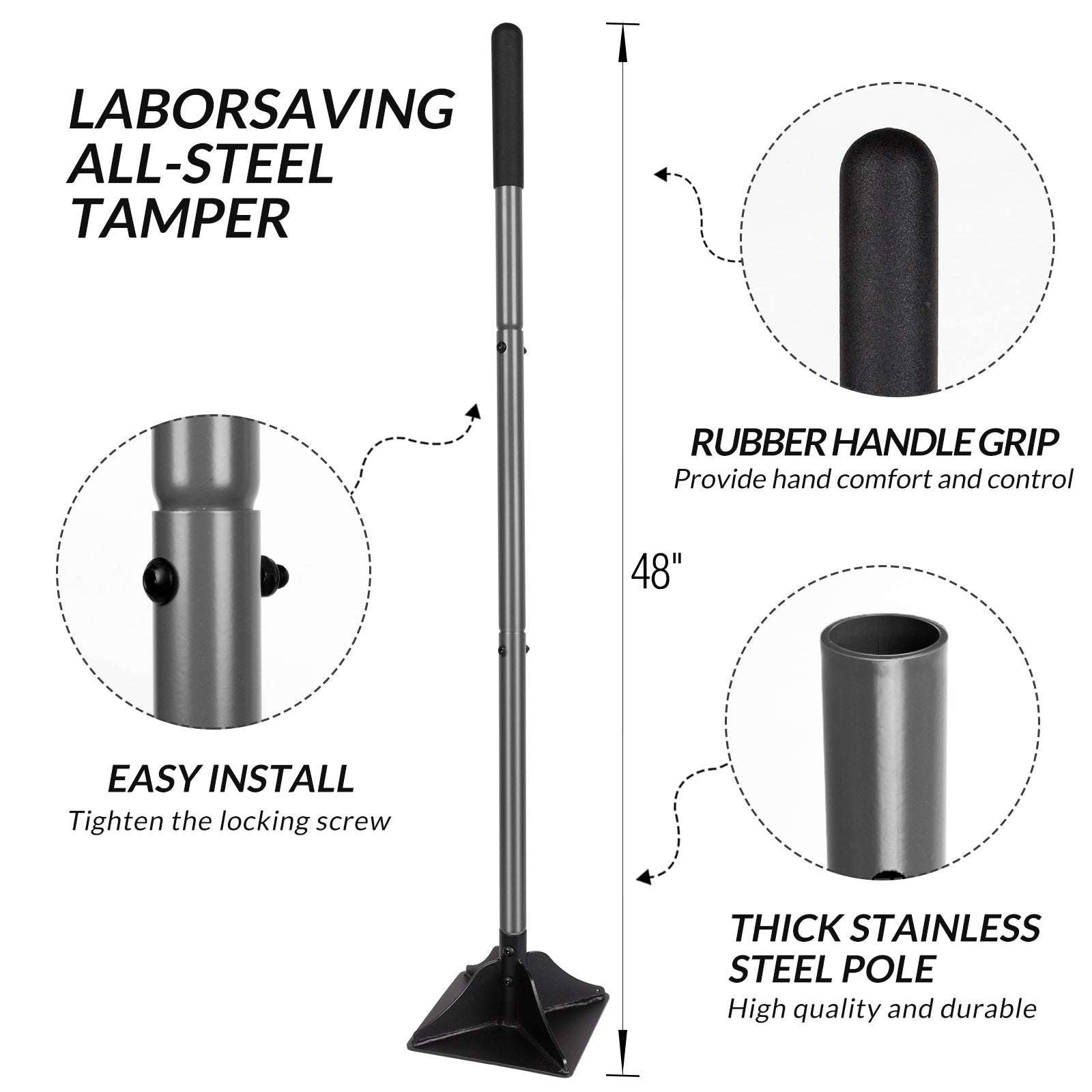 Walensee Steel Tamper with 48 inch Handle Garden Rubber Grip for Laborsaving All-Steel Heavy Duty Ideal Tool