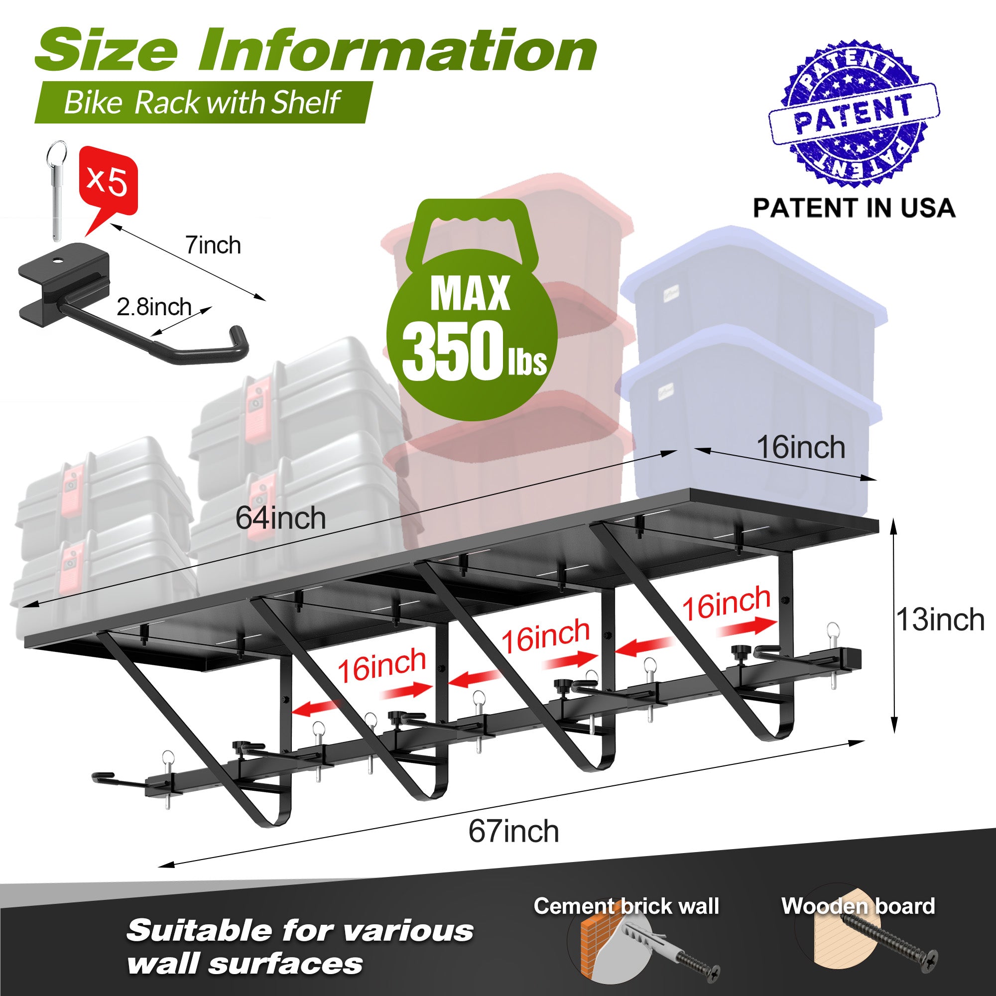 Sttoraboks Bike Storage Rack with Shelf, Bike Wall Mount Garage Stand, Bike Hanger Storage Bicycles Hanger Hooks Bike Hooks for Garage Organizer