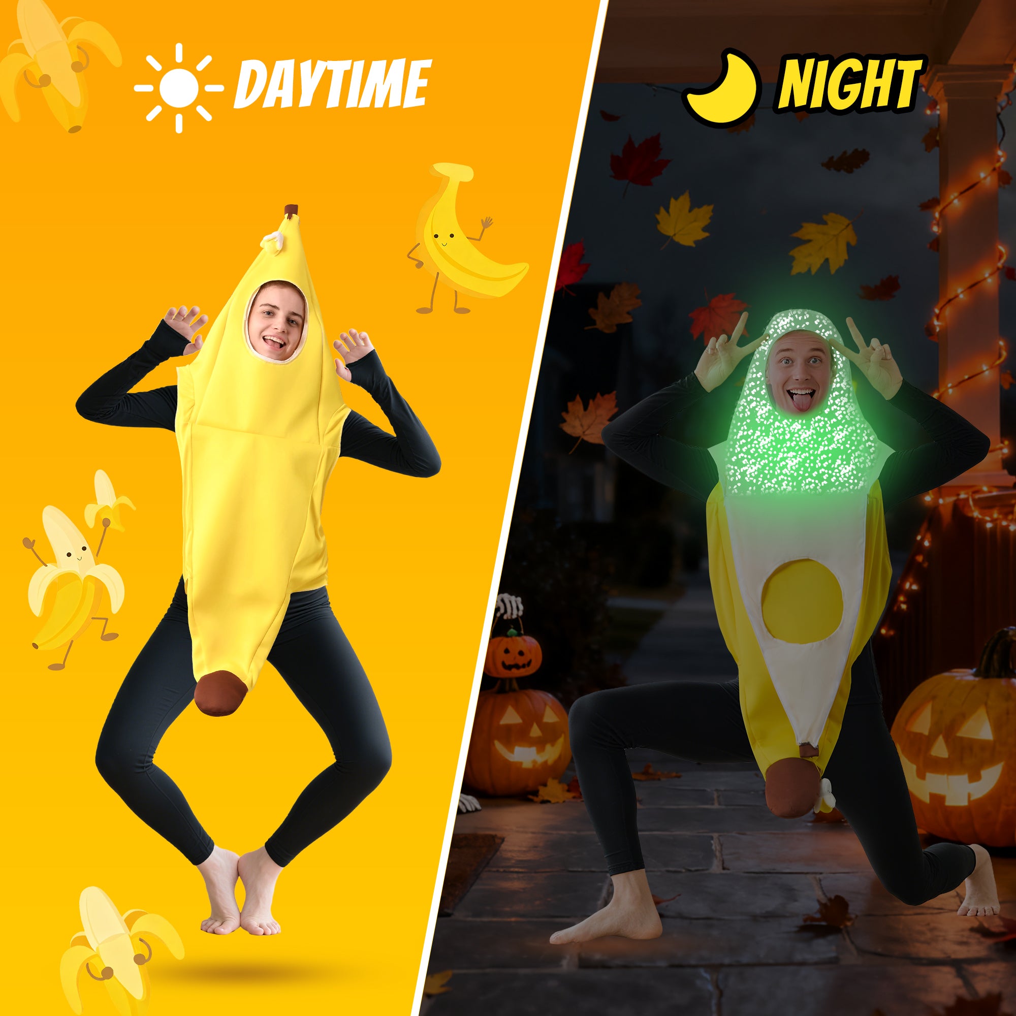 🍌Banana Costume Glow in the Dark Fruit Halloween Costume for Adults, Funny Unisex Outfit- Party, Dress Up Cosplay