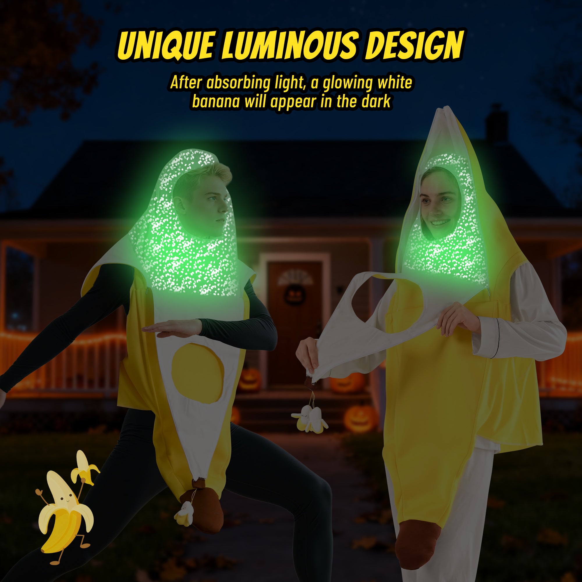 🍌Banana Costume Glow in the Dark Fruit Halloween Costume for Adults, Funny Unisex Outfit- Party, Dress Up Cosplay