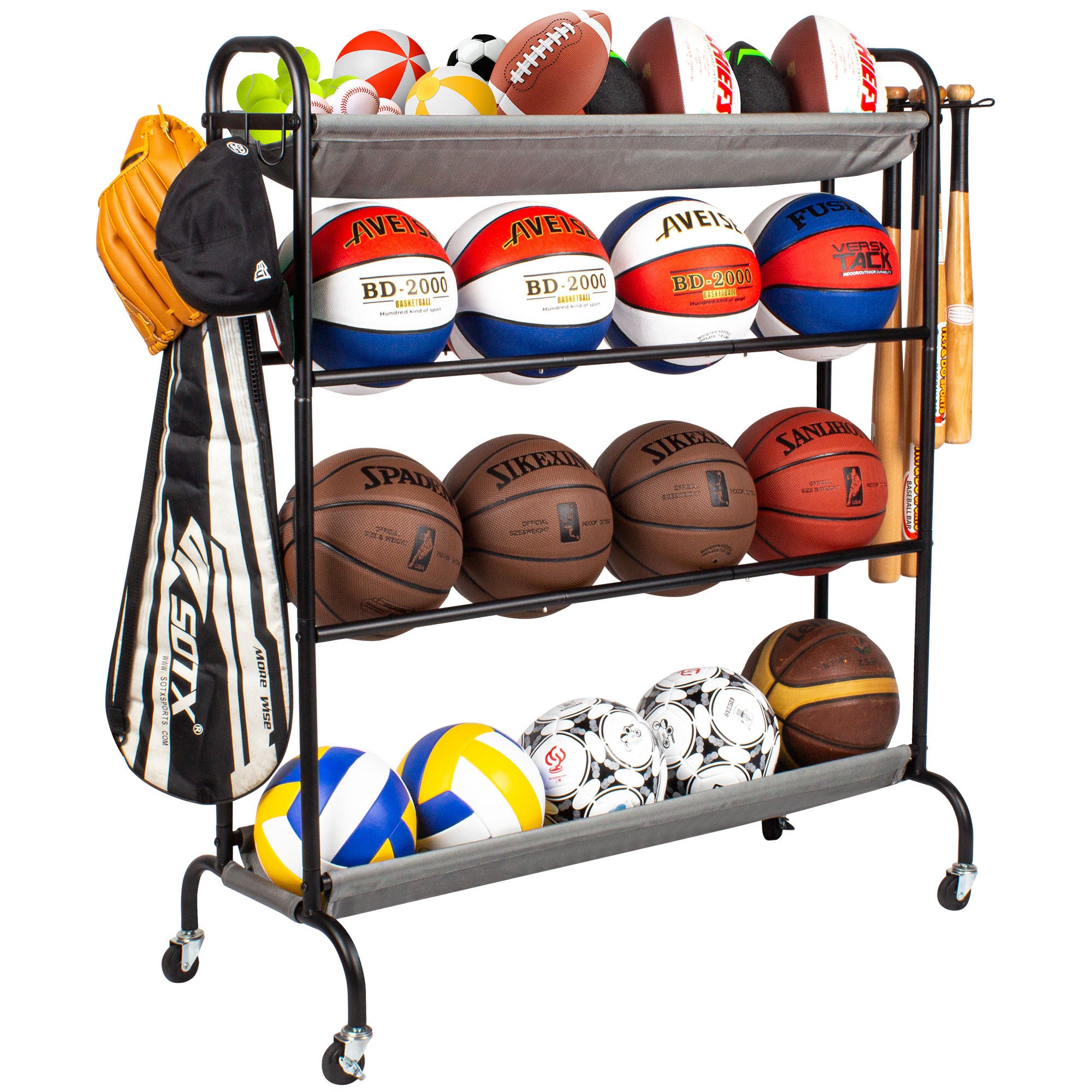 Sttoraboks Basketball Rack, Garage Ball Storage Stand 4-Layer Ball Rack Rolling Balls Organizer