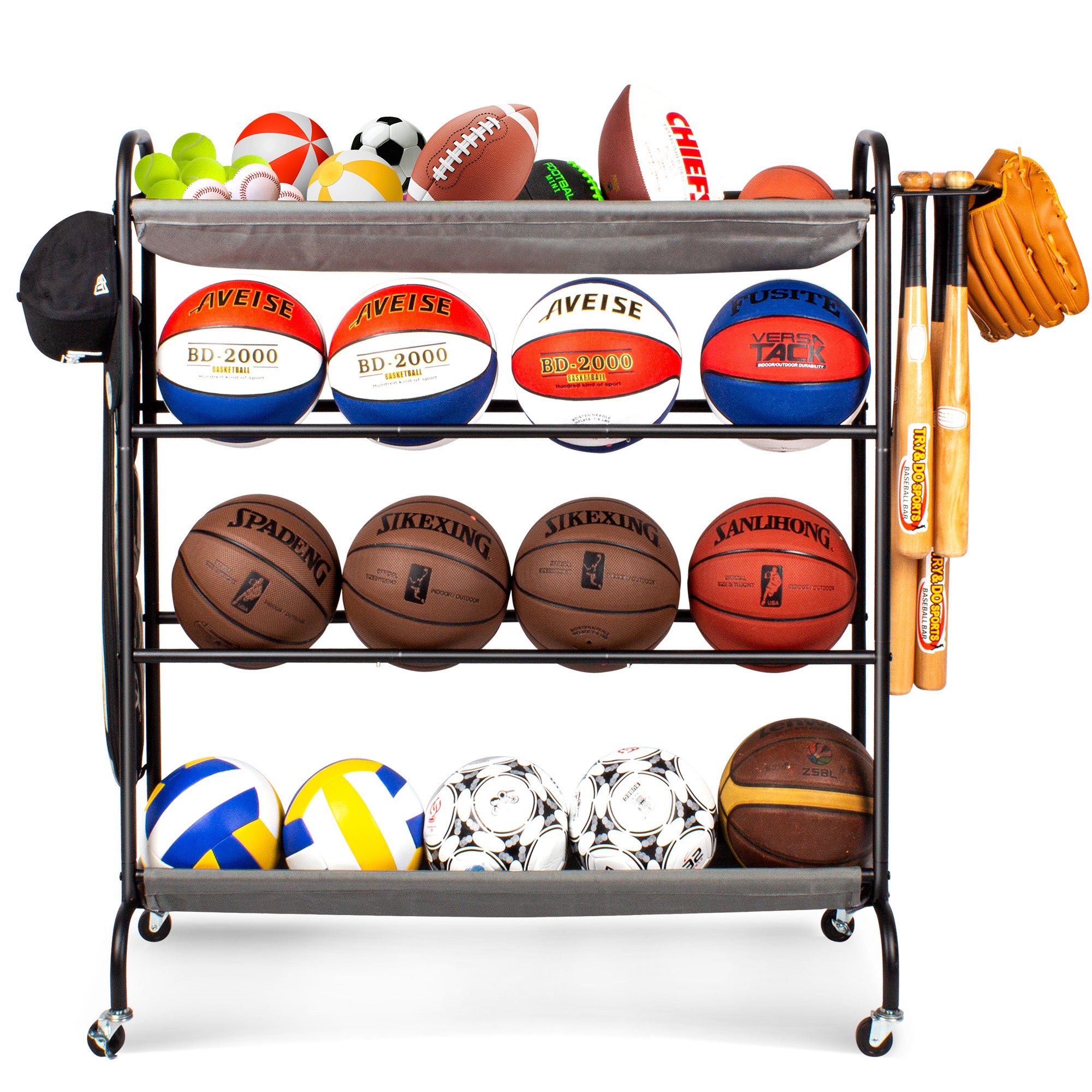 Sttoraboks Basketball Rack, Garage Ball Storage Stand 4-Layer Ball Rack Rolling Balls Organizer