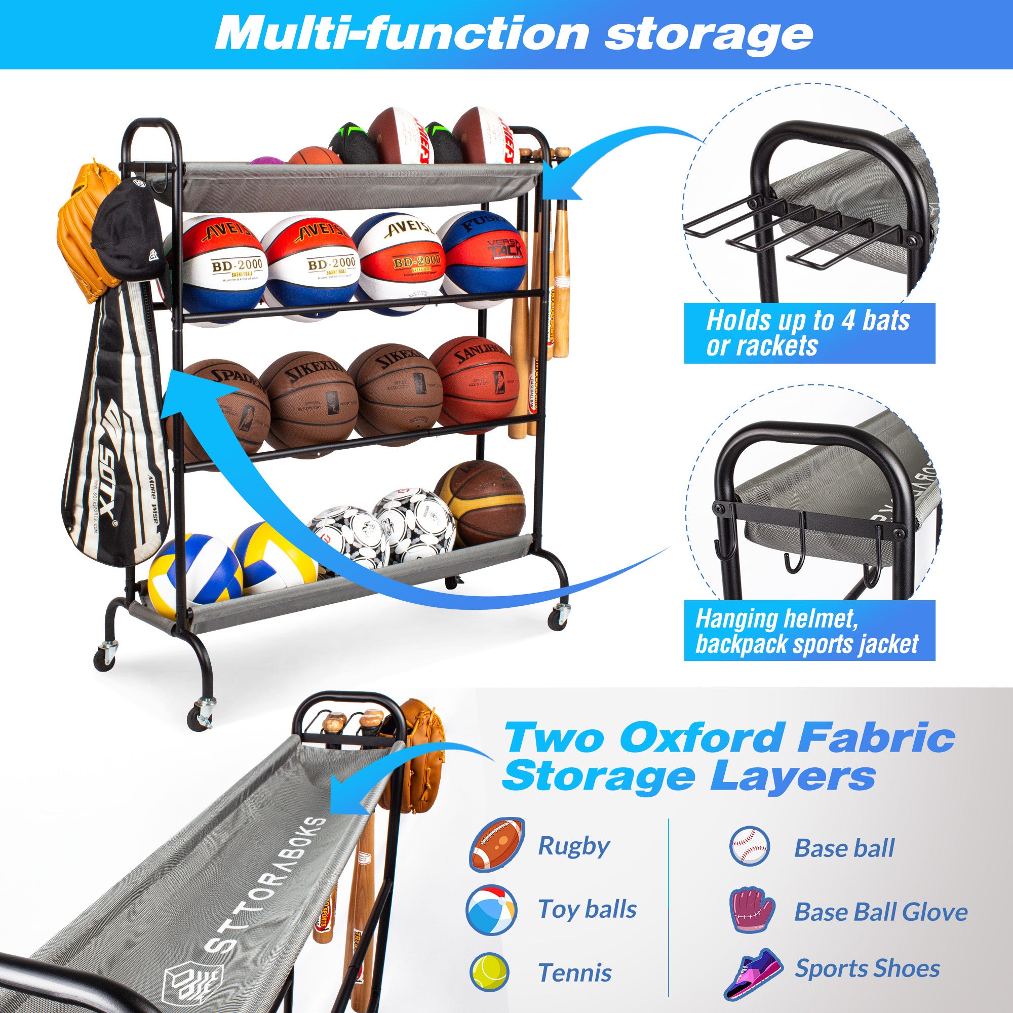 Sttoraboks Basketball Rack, Garage Ball Storage Stand 4-Layer Ball Rack Rolling Balls Organizer