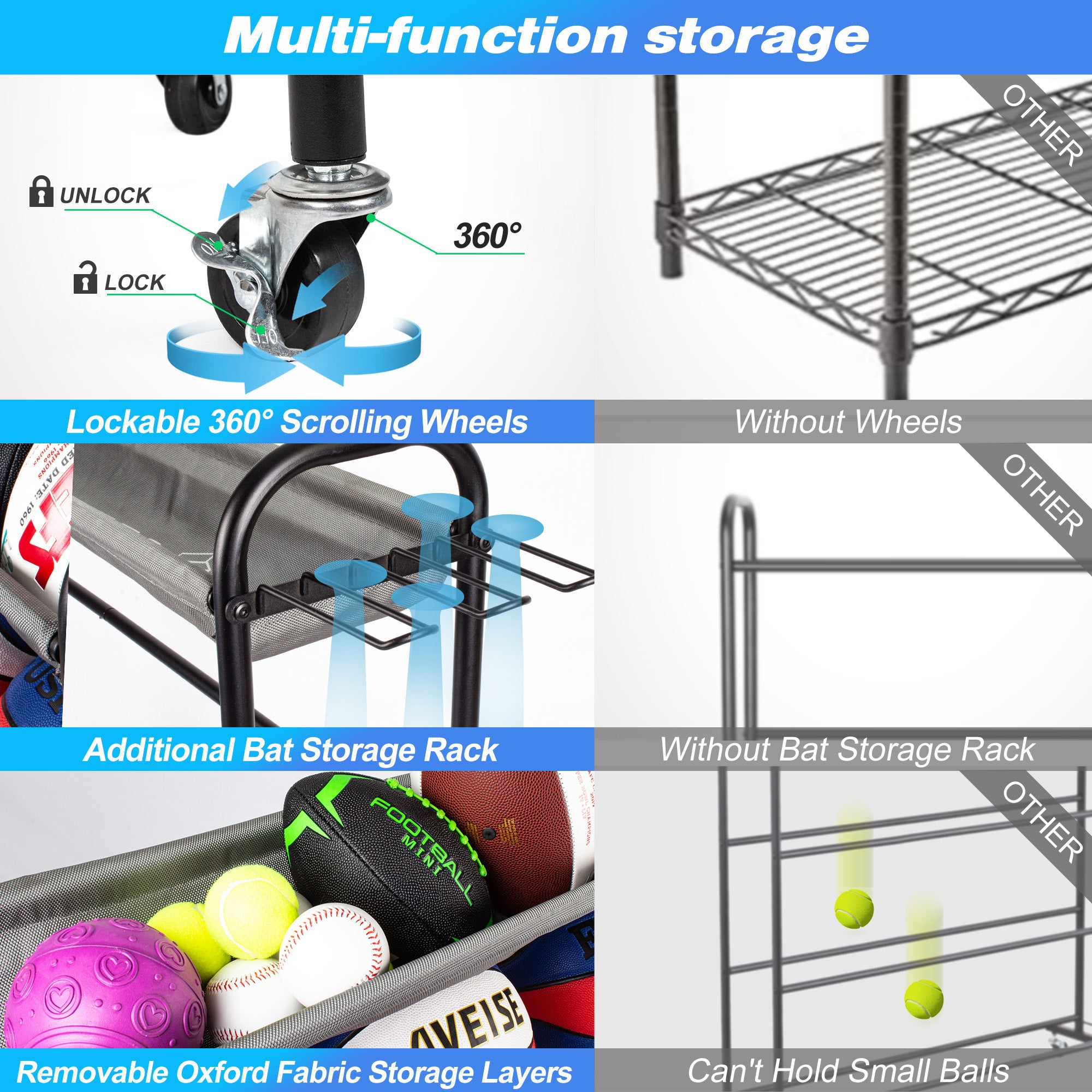 Sttoraboks Basketball Rack, Garage Ball Storage Stand 4-Layer Ball Rack Rolling Balls Organizer