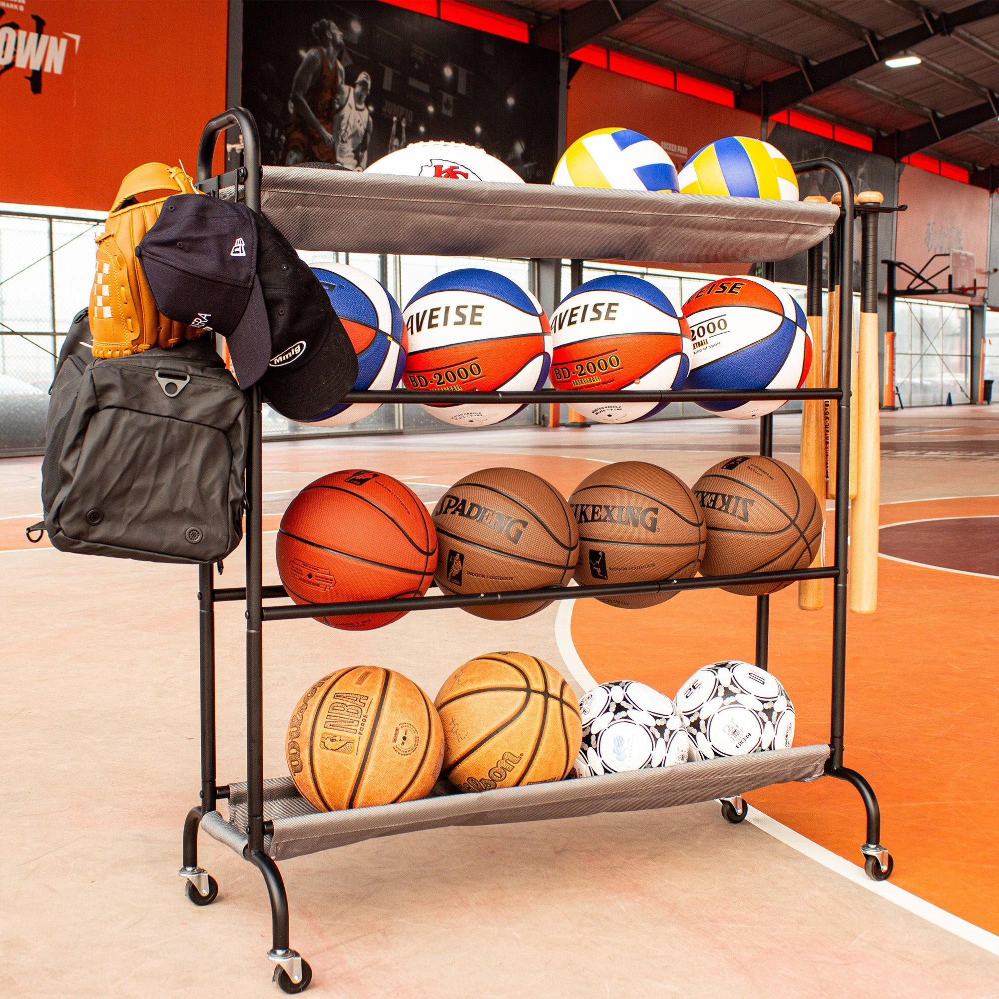 Sttoraboks Basketball Rack, Garage Ball Storage Stand 4-Layer Ball Rack Rolling Balls Organizer