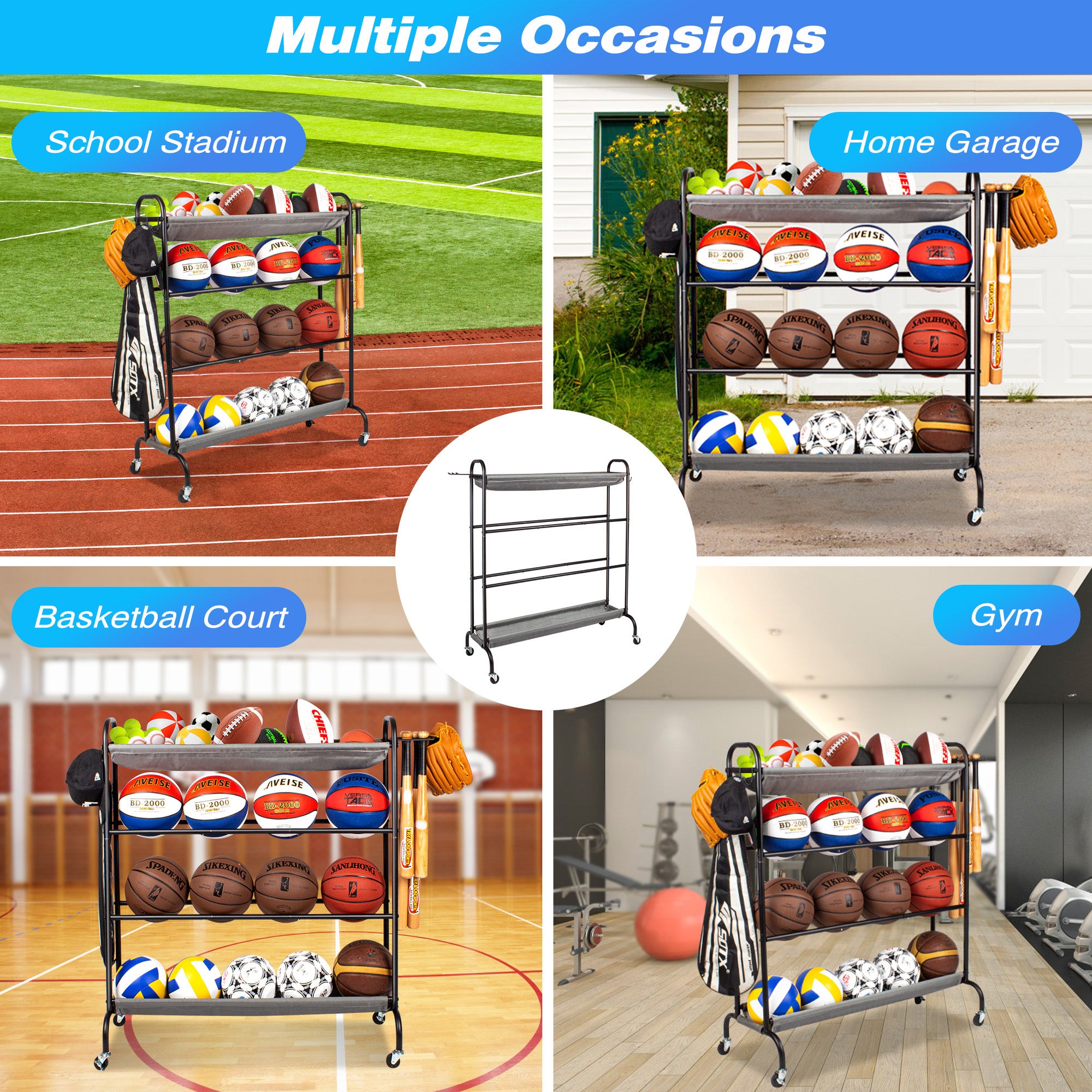 Sttoraboks Basketball Rack, Garage Ball Storage Stand 4-Layer Ball Rack Rolling Balls Organizer