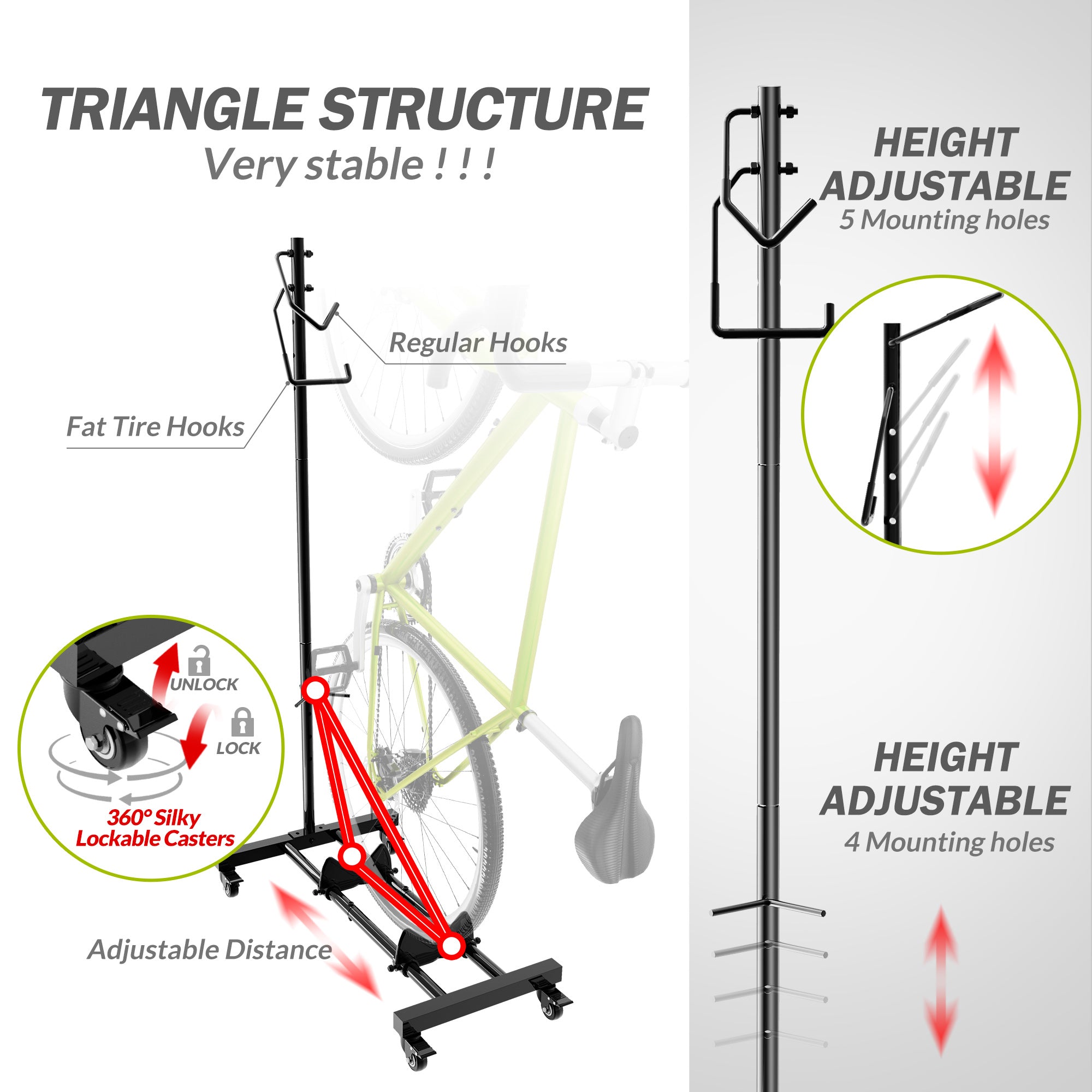 Sttoraboks Upright Bike Stand, Vertical & Horizontal Adjustable Height Bike Storage Rack for Apartment