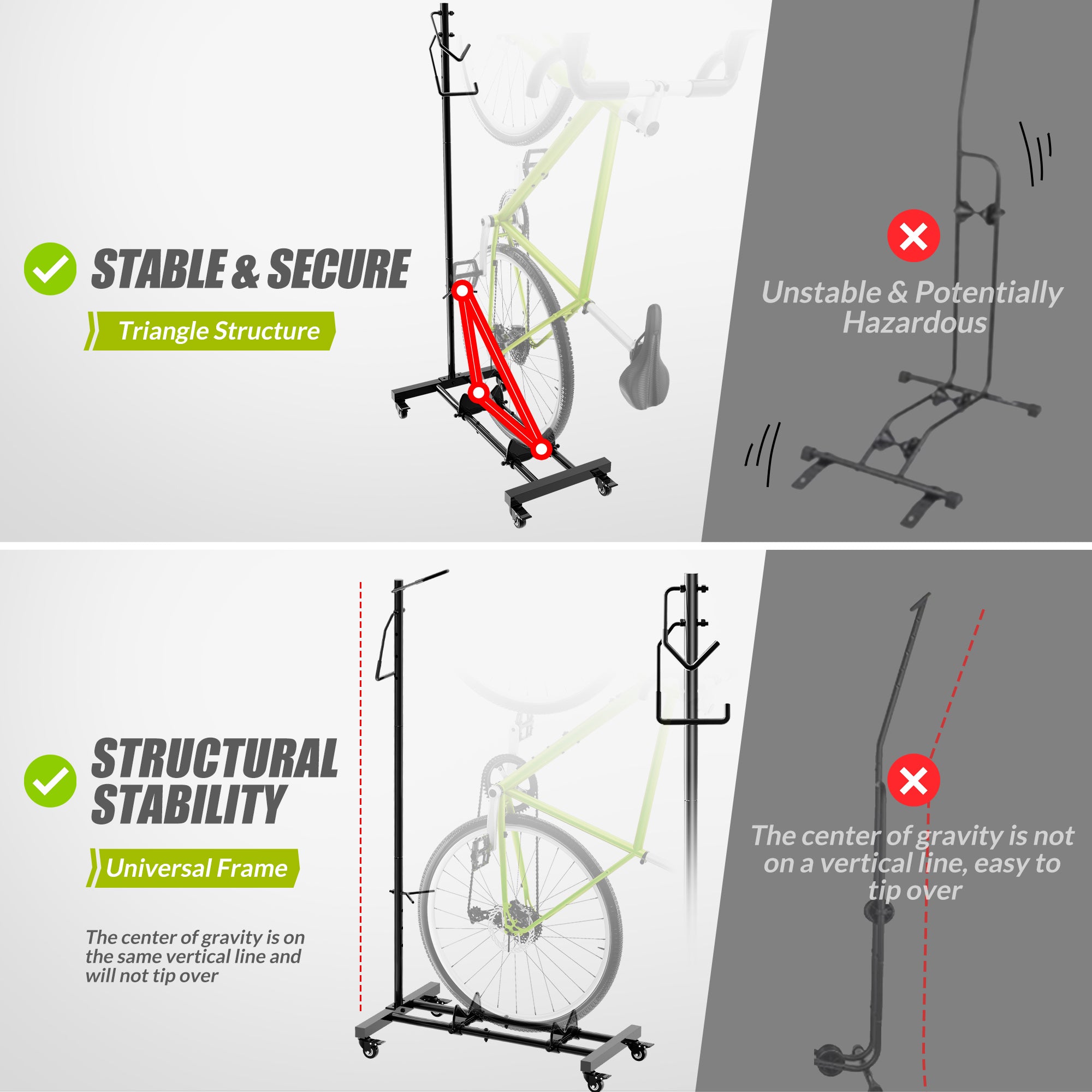 Sttoraboks Upright Bike Stand, Vertical & Horizontal Adjustable Height Bike Storage Rack for Apartment