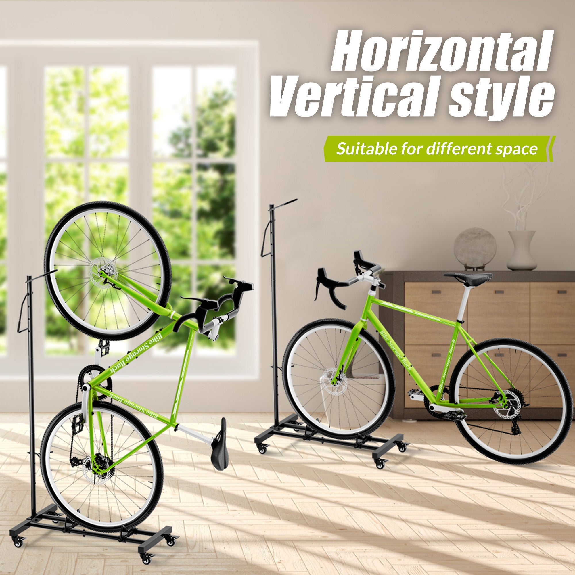 Sttoraboks Upright Bike Stand, Vertical & Horizontal Adjustable Height Bike Storage Rack for Apartment