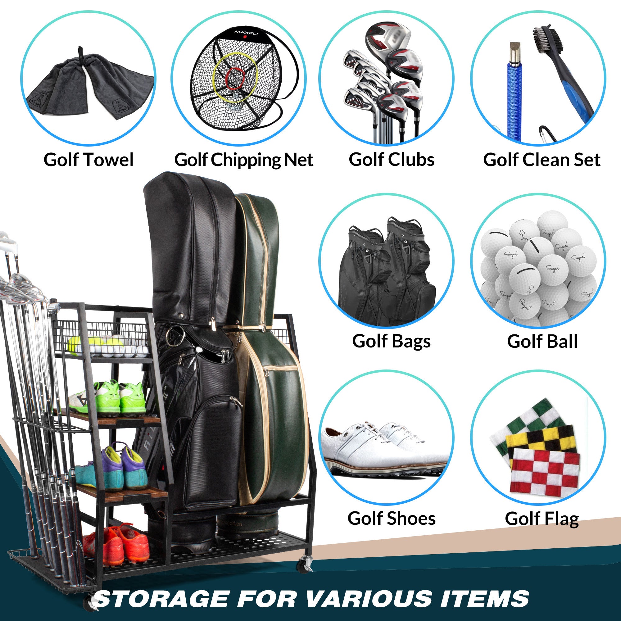 Sttoraboks Golf Bags Storage Garage Organizer, Golf Bag Rack Fits 2/3 Golf Bags and Golf Equipment Accessories