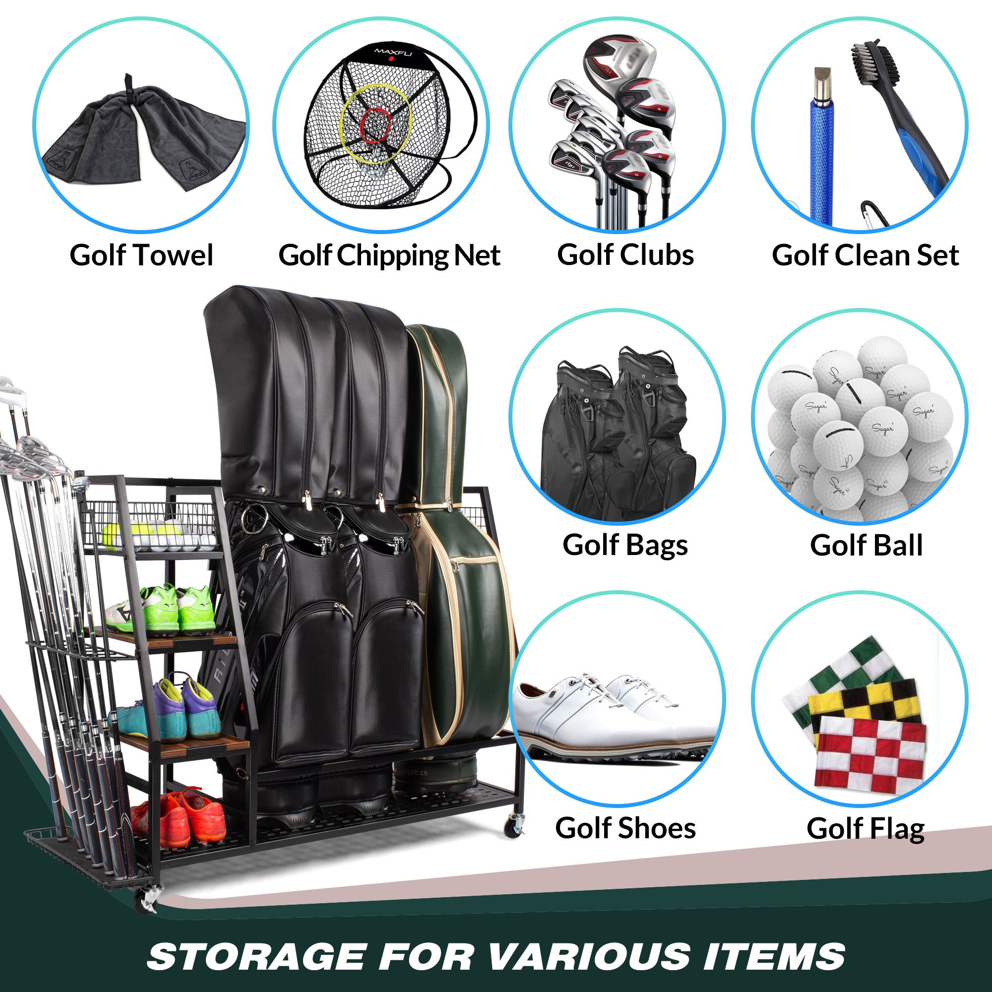 Sttoraboks Golf Bags Storage Garage Organizer, Golf Bag Rack Fits 2/3 Golf Bags and Golf Equipment Accessories