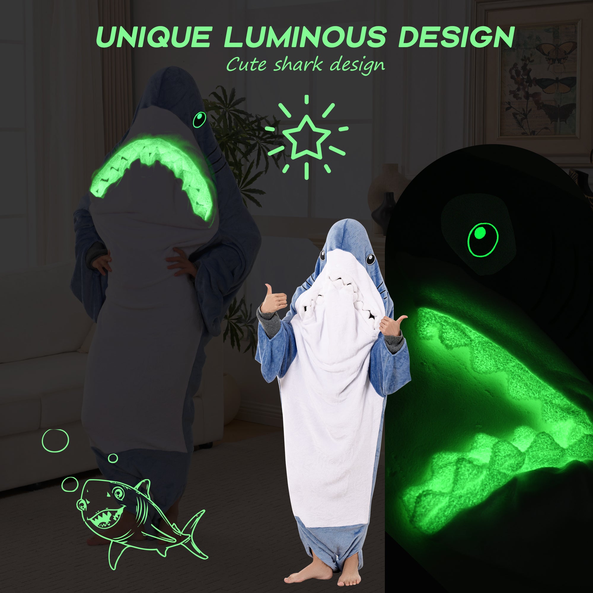 🦈Glow in The Dark Shark Blanket for Adult, Shark Costume with Shiny Eyes and Teeth, Shark Onesie as Gift for Lover, Shark Hoodie for girls, Shark Sleeping Bag🎁