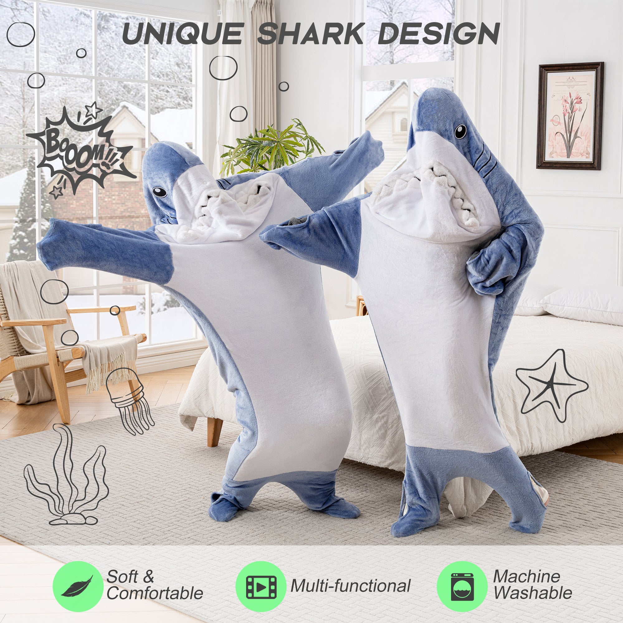 🦈Glow in The Dark Shark Blanket for Adult, Shark Costume with Shiny Eyes and Teeth, Shark Onesie as Gift for Lover, Shark Hoodie for girls, Shark Sleeping Bag🎁