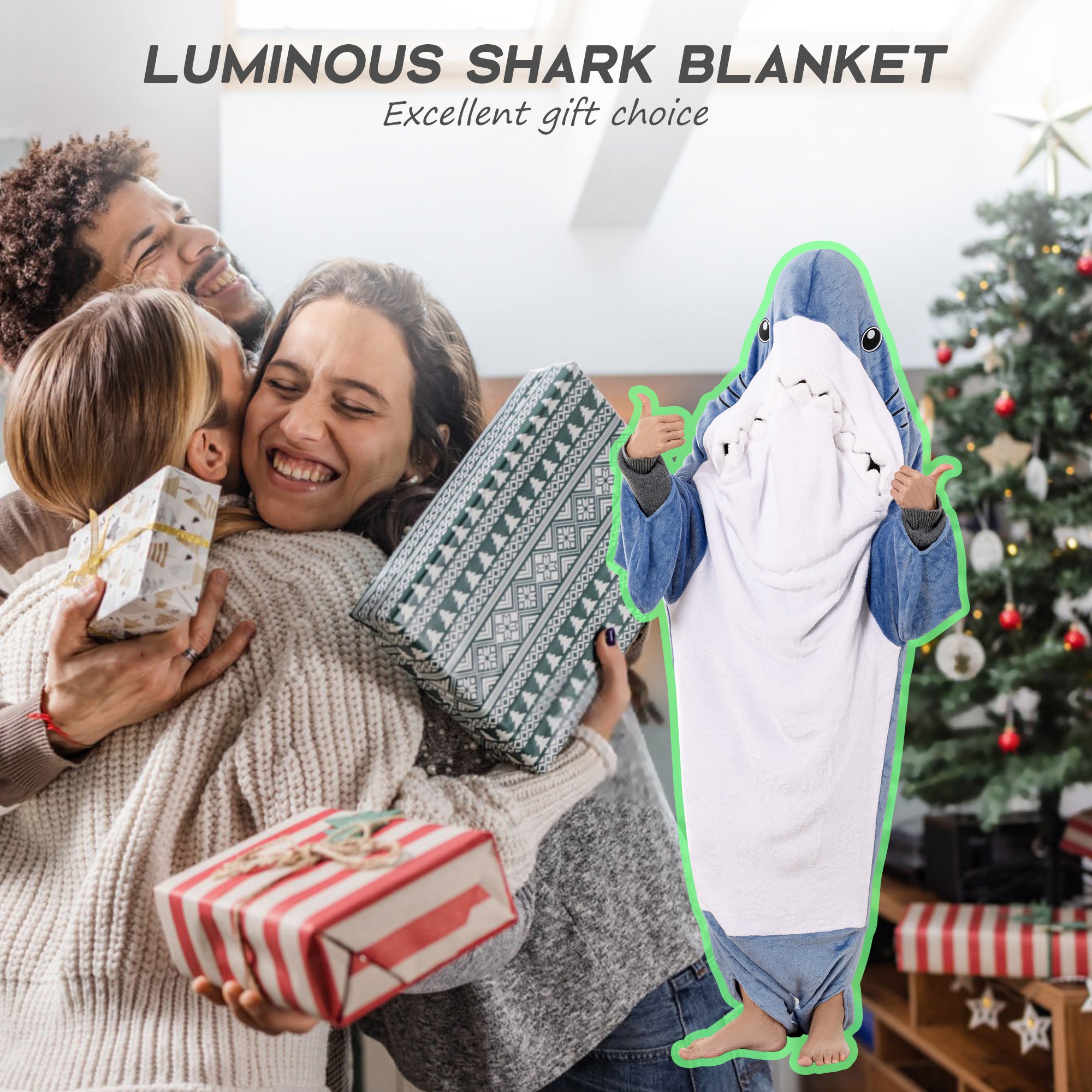 🦈Glow in The Dark Shark Blanket for Adult, Shark Costume with Shiny Eyes and Teeth, Shark Onesie as Gift for Lover, Shark Hoodie for girls, Shark Sleeping Bag🎁