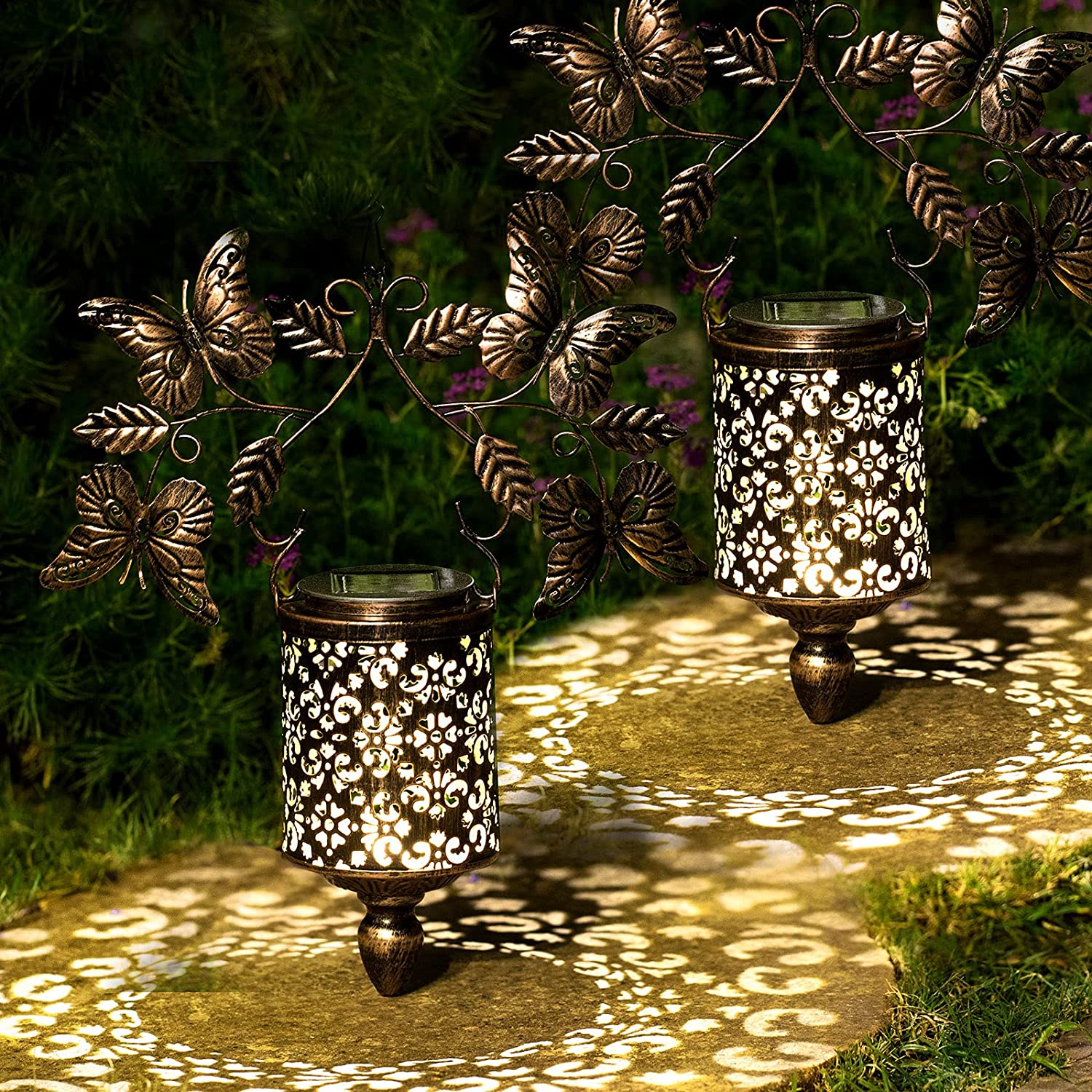 Solar Patio Lantern with Butterfly Handle, 2 PACK